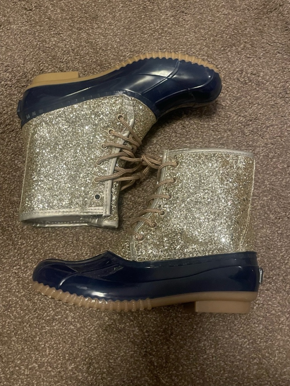 Women’s Navy & Gold Glitter Lace-Up Duck Boots. NWOT - Picture 3 of 6